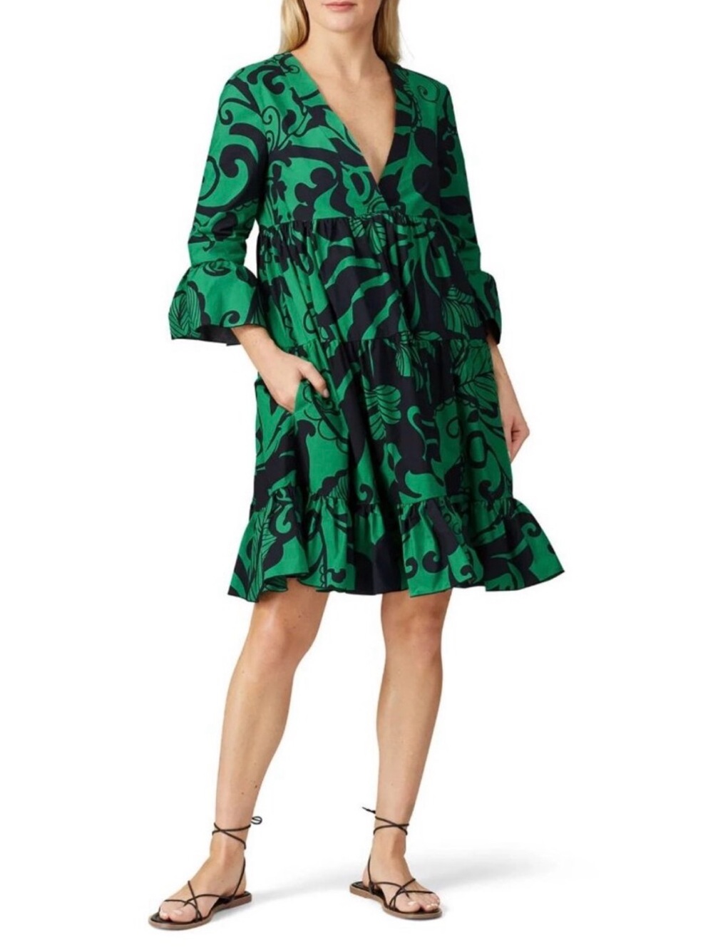 La Double J Jennifer Jane Tiered A-line Mini Dress in Green/Black, Size S